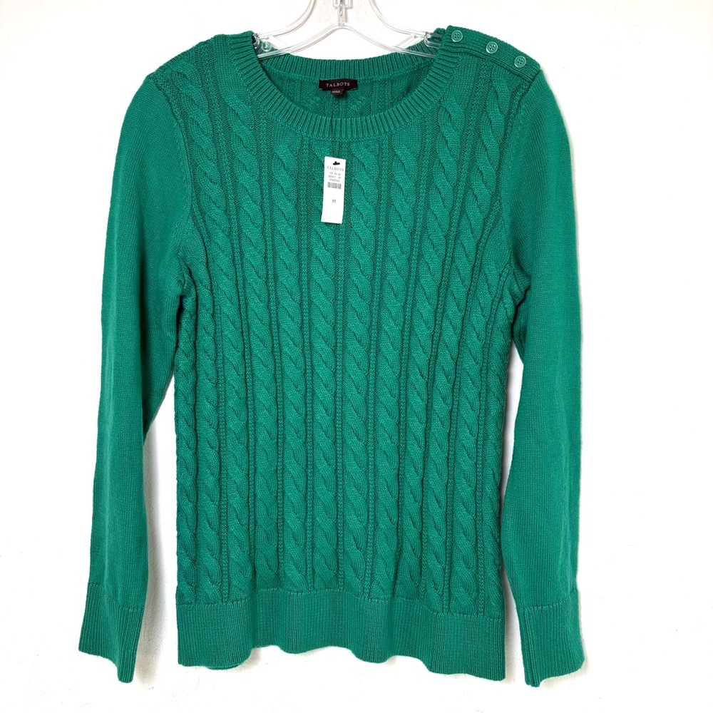 TALBOTS Kelly Green Cable Knit Crew Neck Cotton Blend Sweater *New w Tags* M